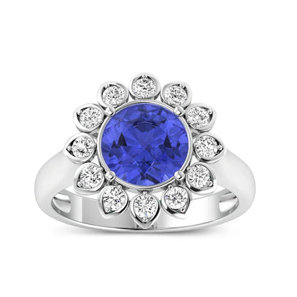 2.38 Ct Round Violet Tanzanite and White Diamond Prong 14k Gold Halo Statement Floral Ring