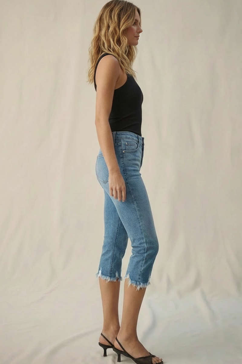 Lauren Mid Rise Capri with Frayed Hem Jeans