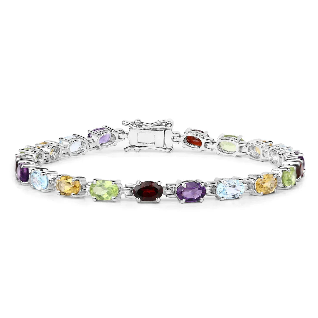 9.37 Ct Oval Multicolor Gemstones Prong Sterling Silver Tennis Bracelet