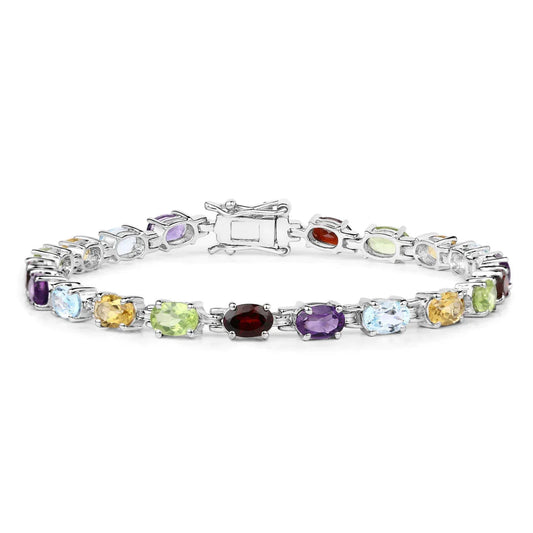9.37 Ct Oval Multicolor Gemstones Prong Sterling Silver Tennis Bracelet