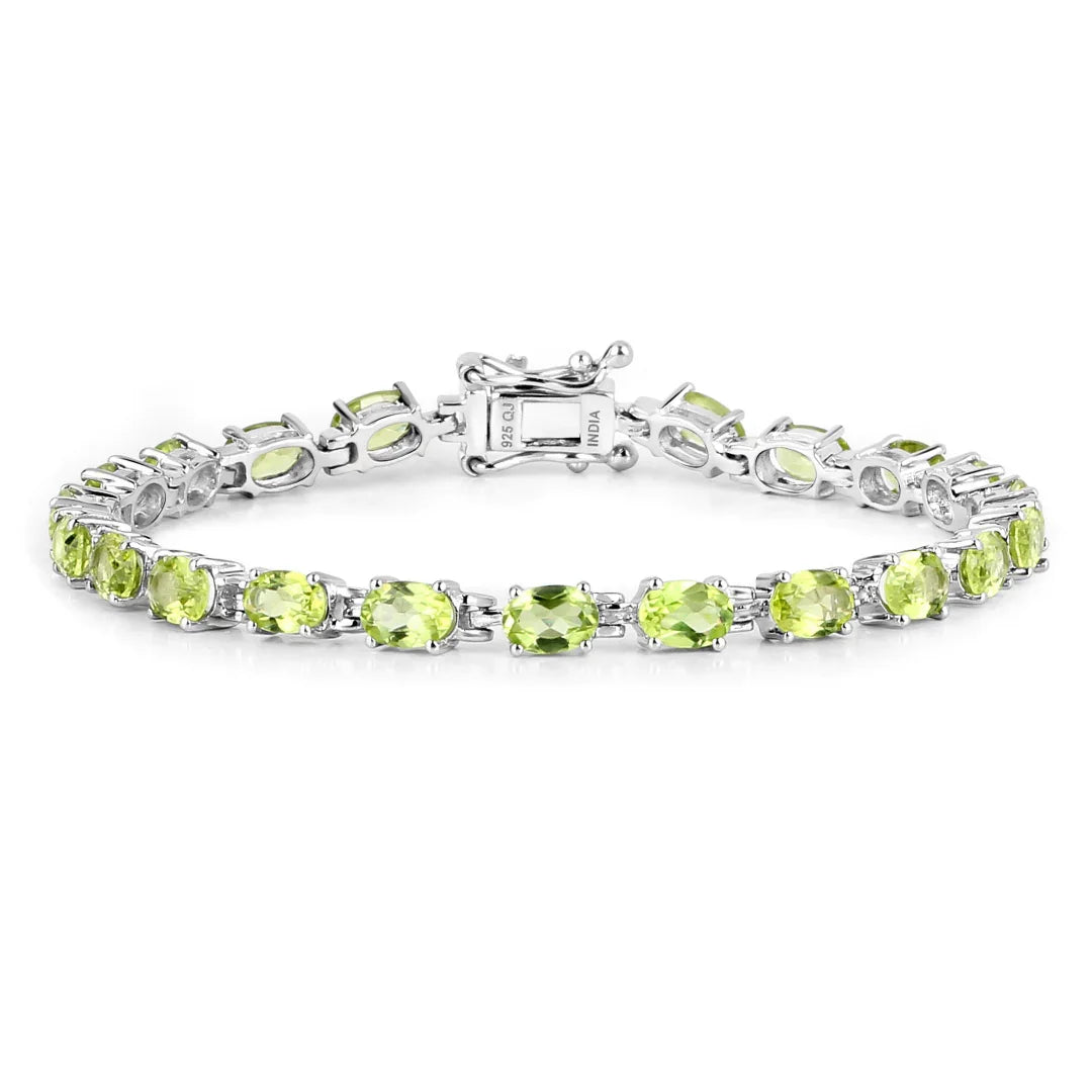 8.61 Ct Oval Olive Green Peridot Prong Sterling Silver Inline Tennis Bracelet