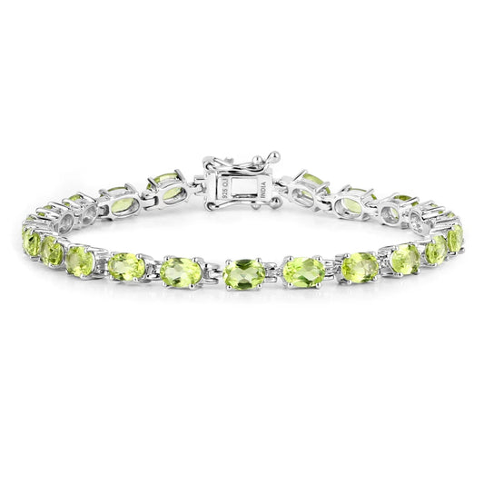 8.61 Ct Oval Olive Green Peridot Prong Sterling Silver Inline Tennis Bracelet