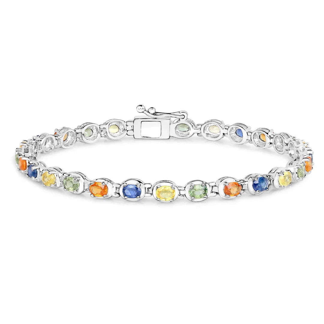 5.40 Ct Oval Multicolor Genuine Multi-Sapphire Prong Sterling Silver Tennis Bracelet
