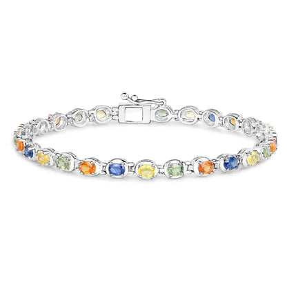5.40 Ct Oval Multicolor Genuine Multi-Sapphire Prong Sterling Silver Tennis Bracelet