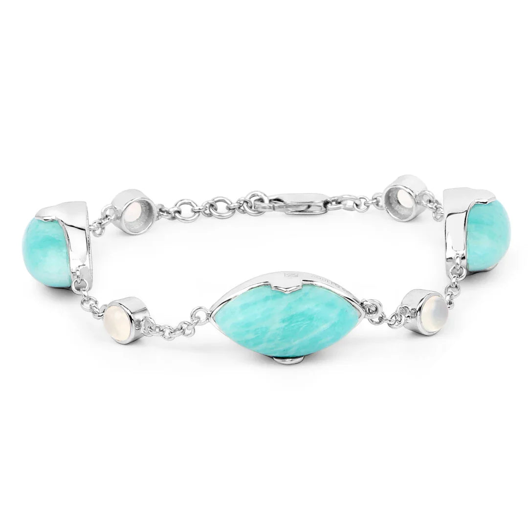 25.50 Ct Marquise Aqua Blue Amazonite Bezel Sterling Silver Strand Bracelet