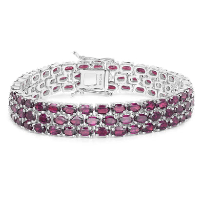 30.80 Ct Oval Red Rhodolite Garnet Prong Sterling Silver Three Row Tennis Bracelet