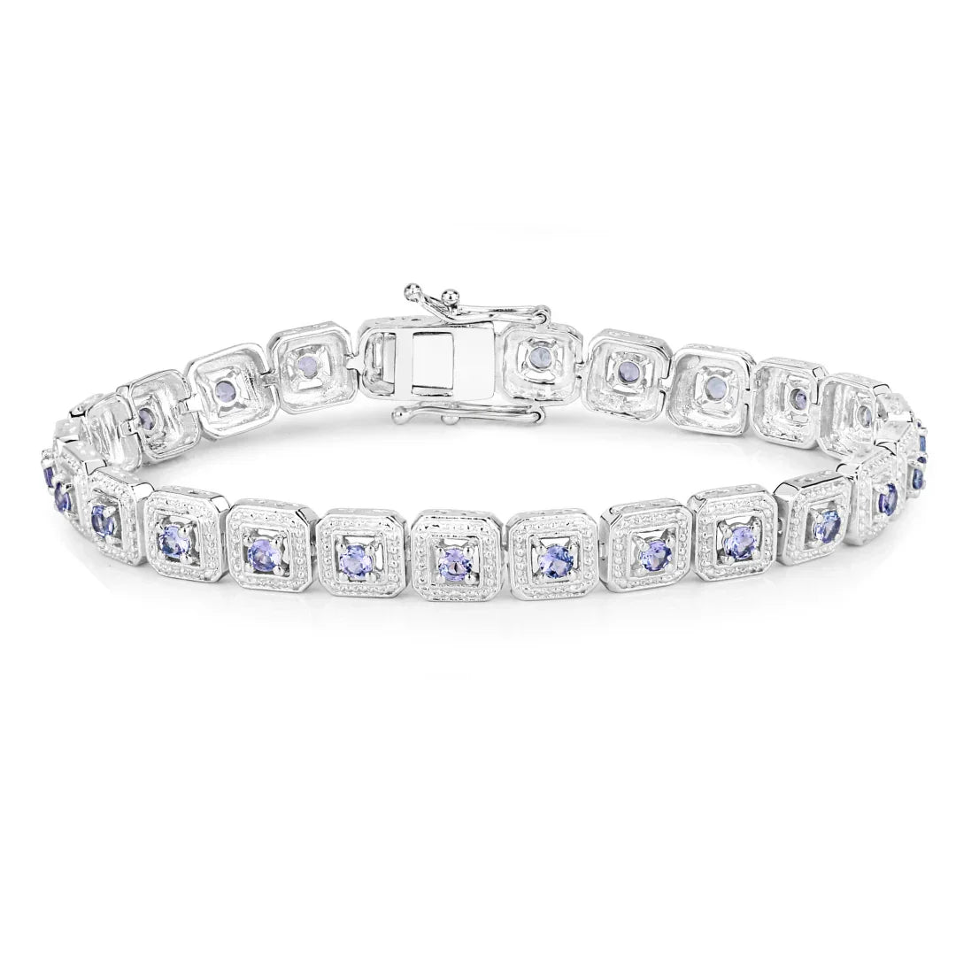 2.40 Ct Round Violet Tanzanite Square Halo Sterling Silver Inline Tennis Bracelet