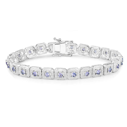 2.40 Ct Round Violet Tanzanite Square Halo Sterling Silver Inline Tennis Bracelet