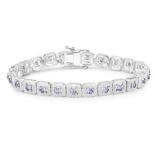 2.40 Ct Round Violet Tanzanite Square Halo Sterling Silver Inline Tennis Bracelet
