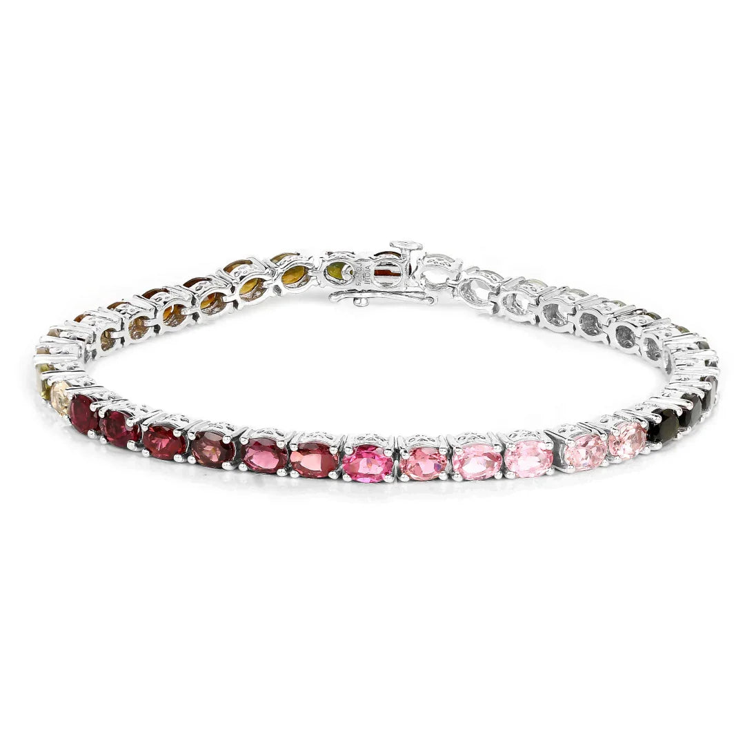 11.16 Ct Oval Multicolor Ombre Tourmaline Prong Sterling Silver Tennis Bracelet