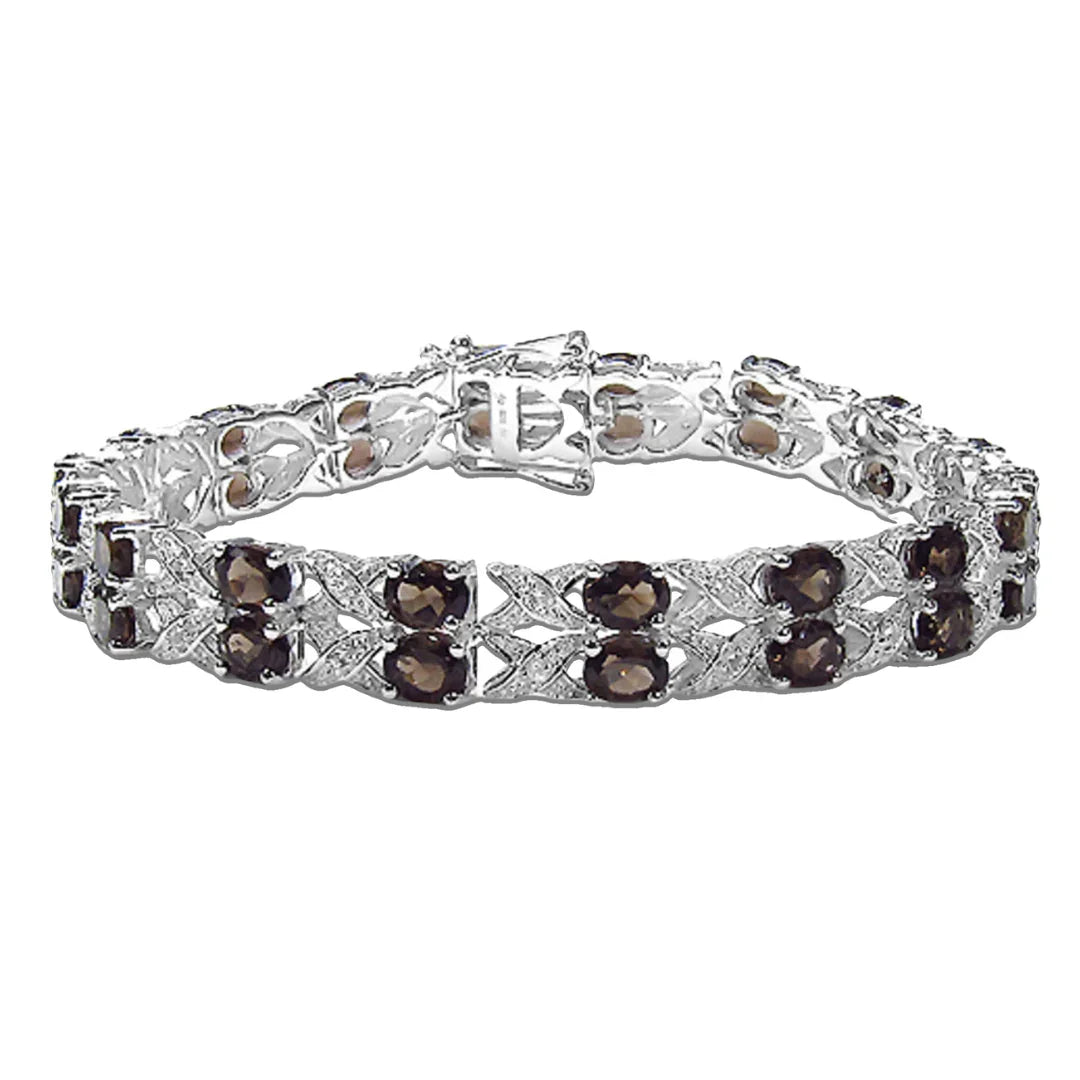 12.60 Ct Oval Brown Smoky Quartz Prong Silver Double Row Crossover Tennis Bracelet