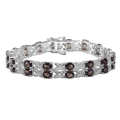 12.60 Ct Oval Brown Smoky Quartz Prong Silver Double Row Crossover Tennis Bracelet