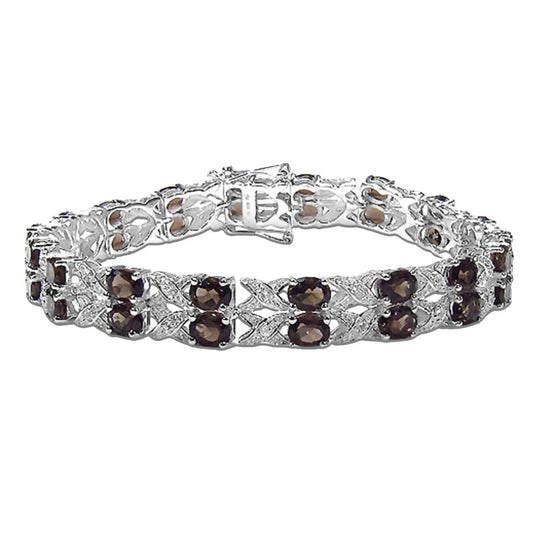12.60 Ct Oval Brown Smoky Quartz Prong Silver Double Row Crossover Tennis Bracelet