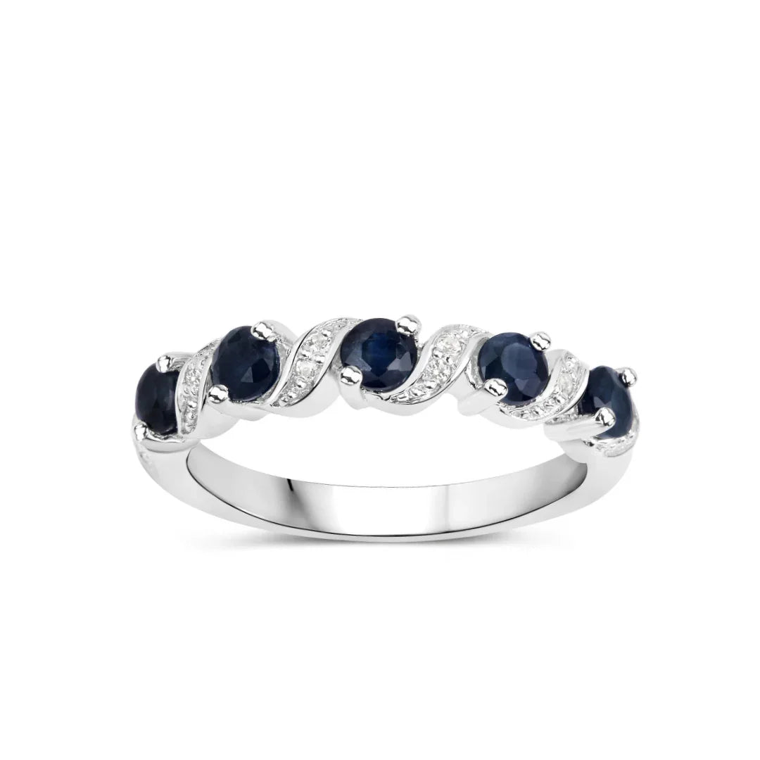 0.64 Ct Round Blue Sapphire and White Topaz Prong Silver Five Stone Ring