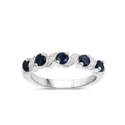0.64 Ct Round Blue Sapphire and White Topaz Prong Silver Five Stone Ring