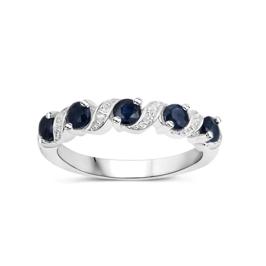 0.64 Ct Round Blue Sapphire and White Topaz Prong Silver Five Stone Ring