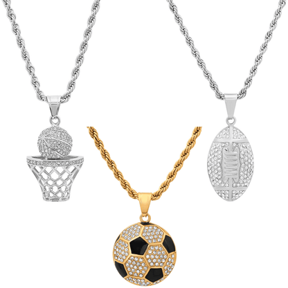 Iced Sports Pendant Necklace Set – Soccer, Football & Hoop (3-Piece)