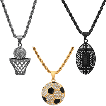 Iced Sports Pendant Necklace Set – Soccer, Football & Hoop (3-Piece)