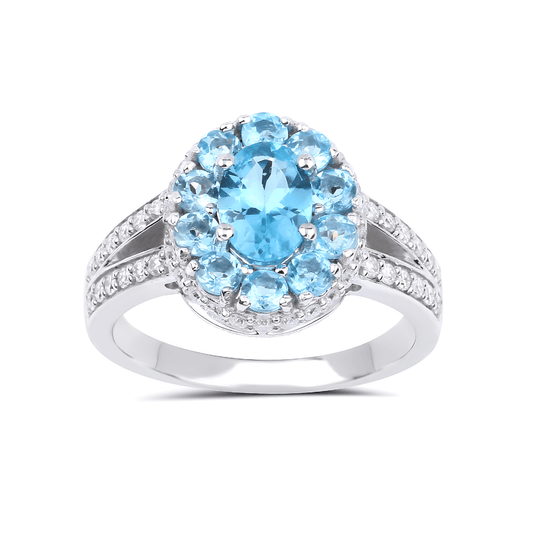 0.72CT Oval Natural Paraiba Apatite Prong Sterling Silver Cluster Halo Ring