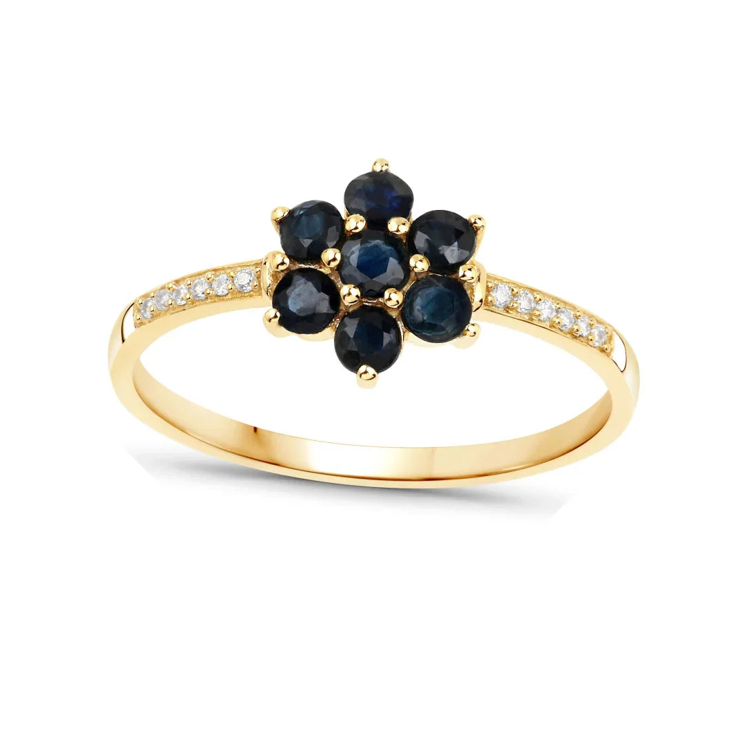 0.60 Ct Round Blue Sapphire and White Diamond Prong 10K Gold Floral Pave Ring