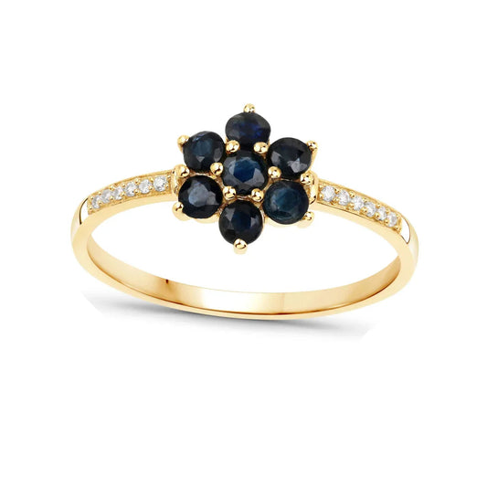 0.60 Ct Round Blue Sapphire and White Diamond Prong 10K Gold Floral Pave Ring