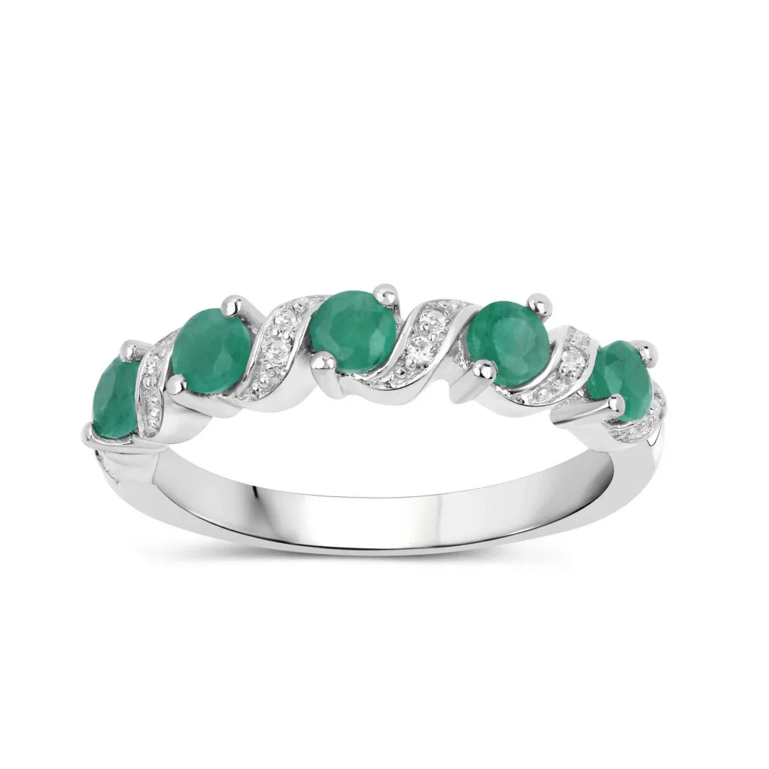 0.54 Ct Round Green Zambian Emerald and White Topaz Prong Silver 5 Stone Ring