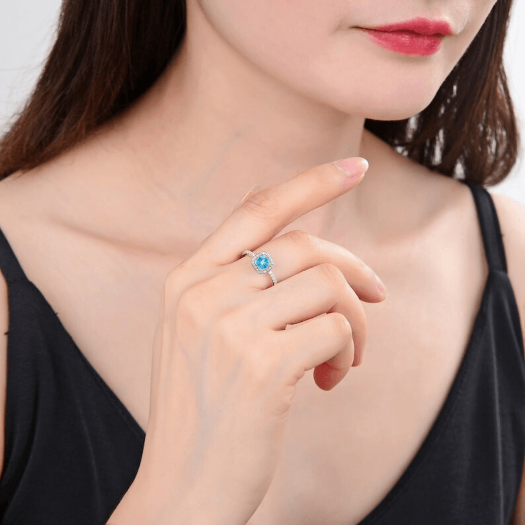 1.05 Ct Cushion Natural Blue Paraiba Apatite Pave Rhodium Plated Silver Halo Ring