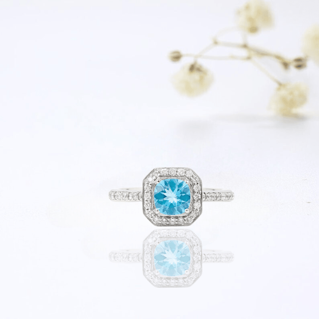 1.05 Ct Cushion Natural Blue Paraiba Apatite Pave Rhodium Plated Silver Halo Ring