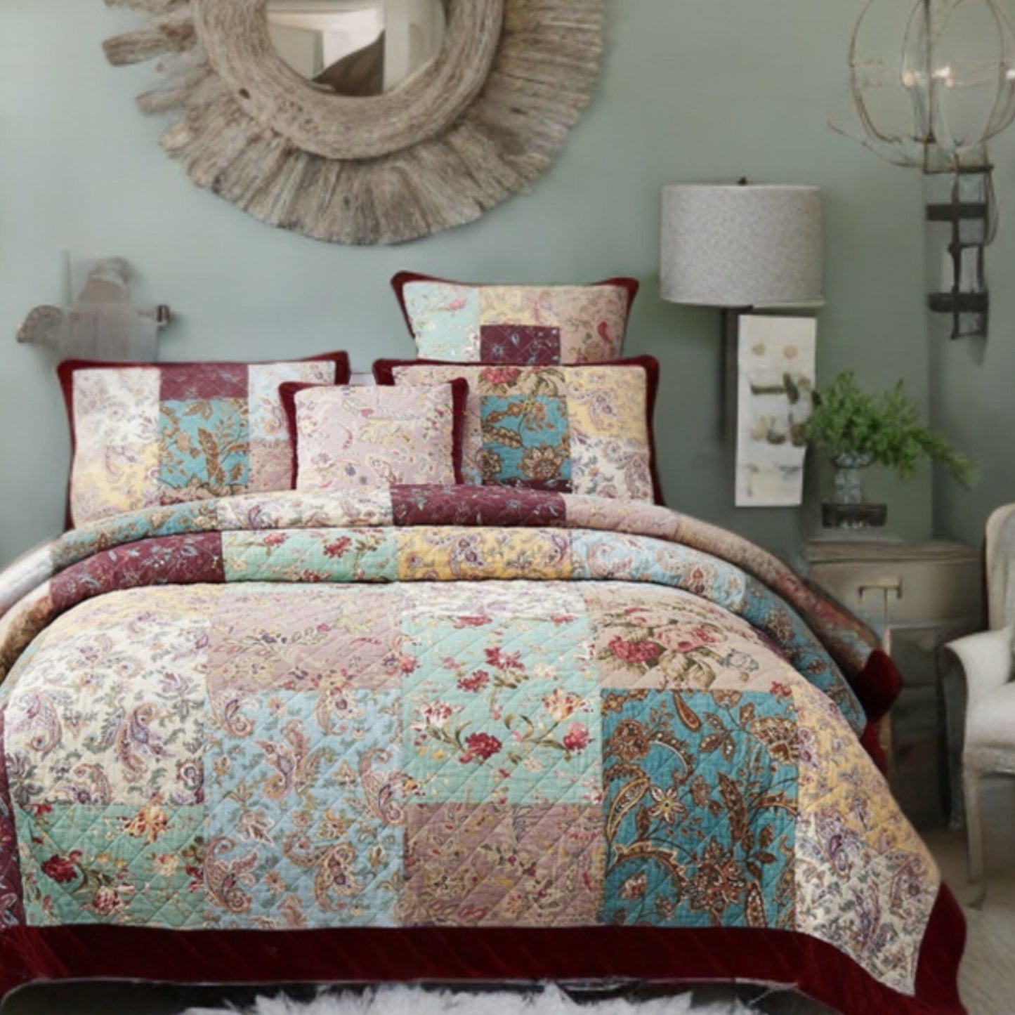 DaDa Bedding Burgundy Paisley Patchwork Cotton Quilt Set