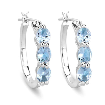 Genuine Blue Aquamarine and Diamond Hoop Earrings
