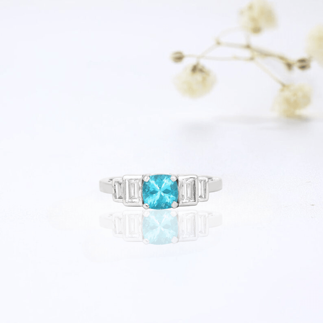 1.05 Ct Cushion Blue Natural Paraiba Apatite Prong Rhodium Plated Sterling Silver Baguette Accents Five Stone Ring