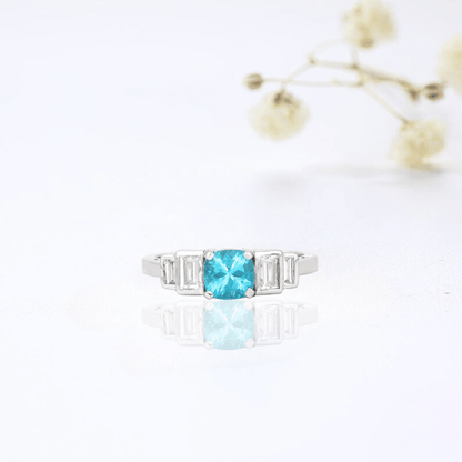 1.05 Ct Cushion Blue Natural Paraiba Apatite Prong Rhodium Plated Sterling Silver Baguette Accents Five Stone Ring