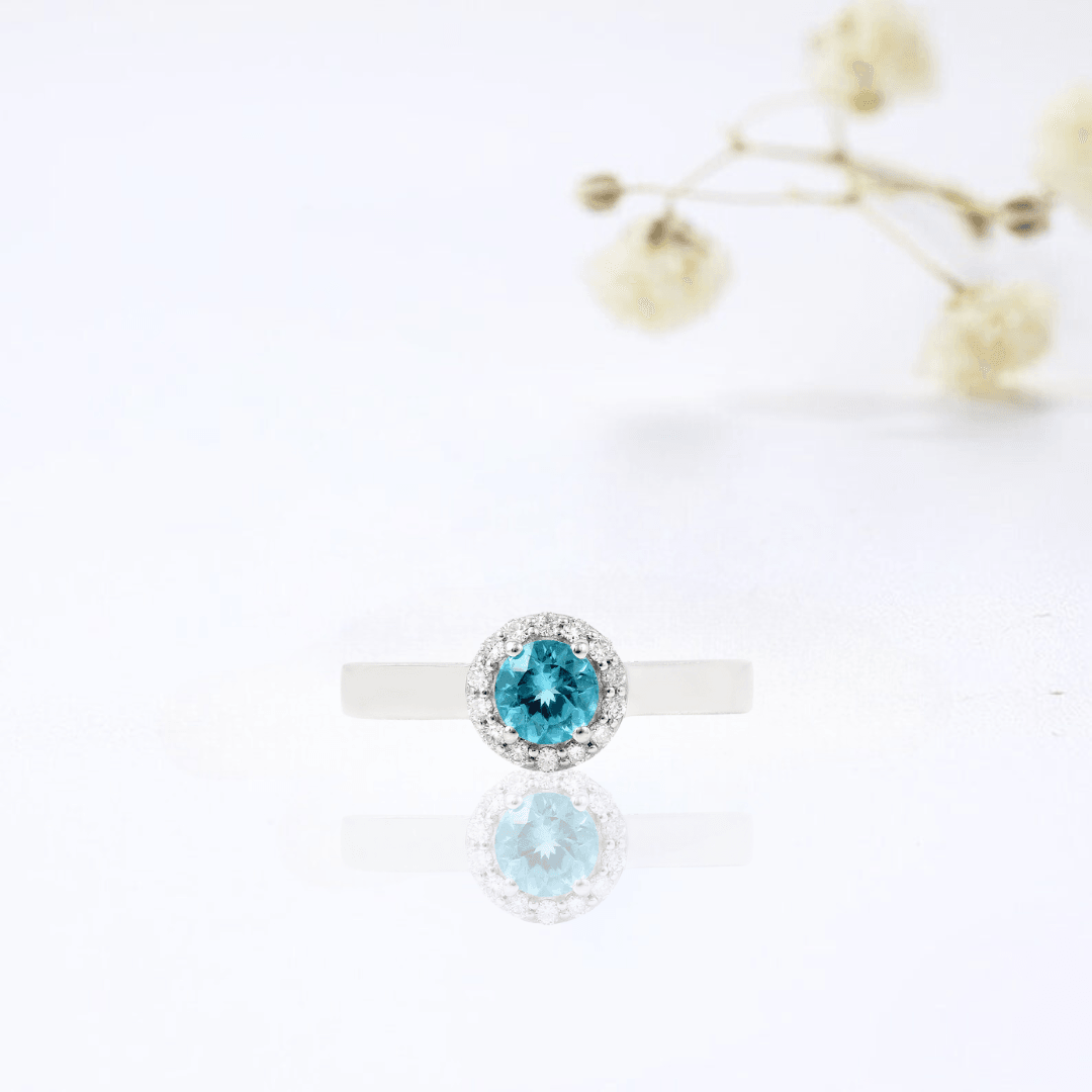 0.55 Ct Round Blue Natural Paraiba Apatite Prong Sterling Silver Halo Ring