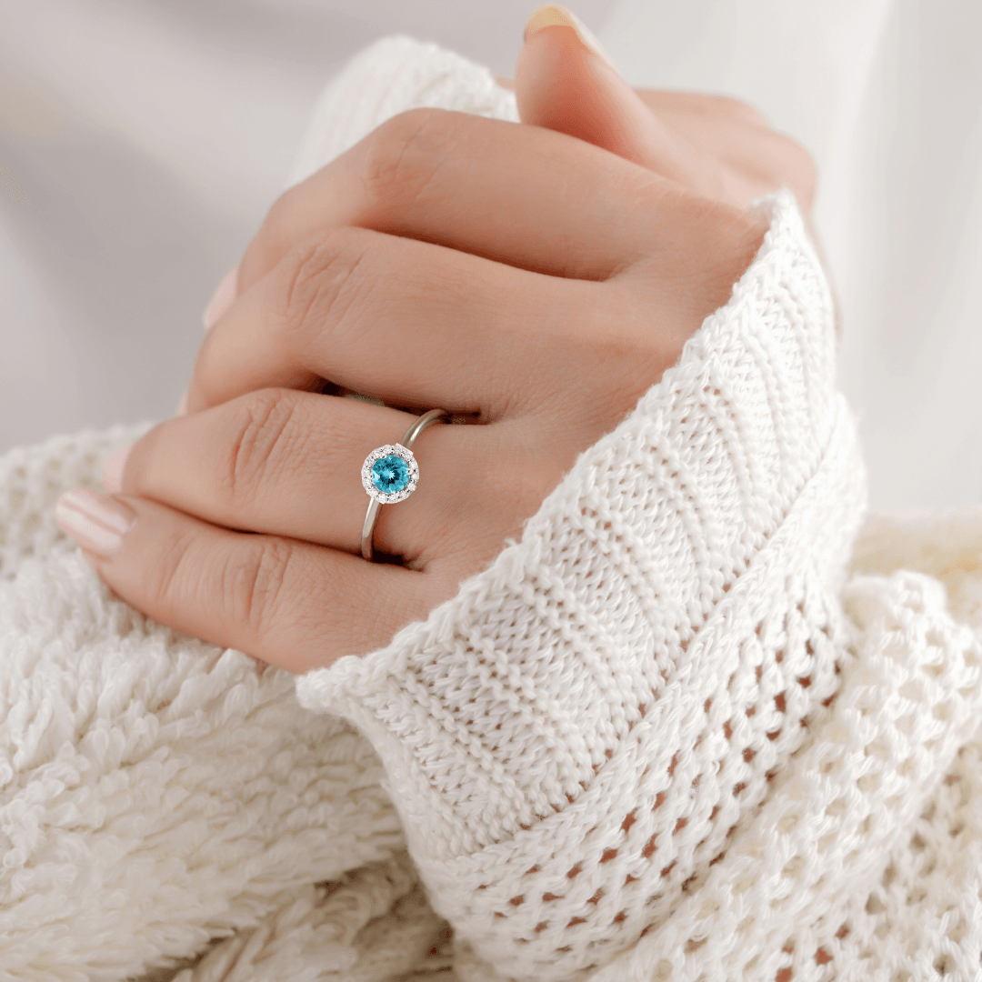 0.55 Ct Round Blue Natural Paraiba Apatite Prong Sterling Silver Halo Ring