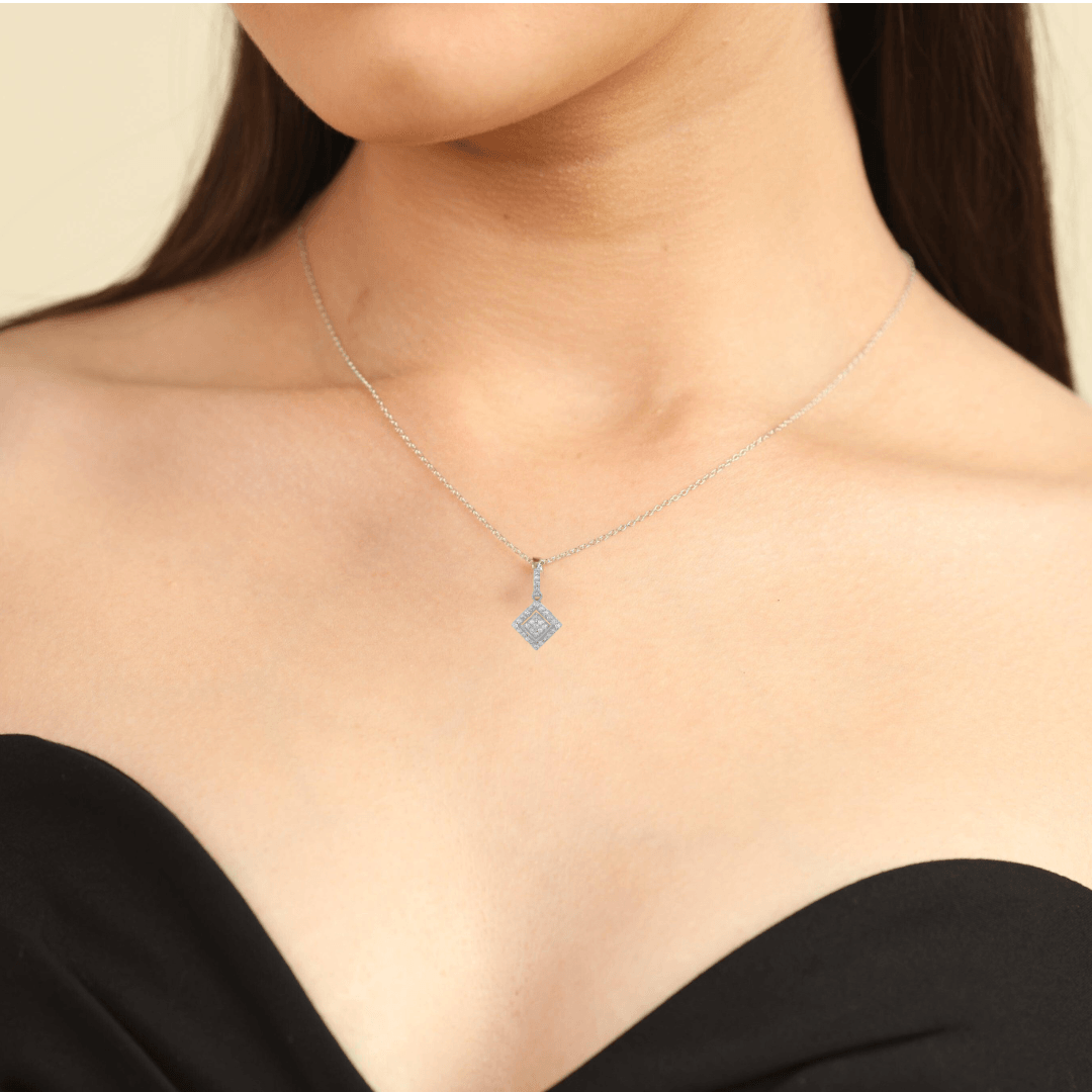 14k White Gold Square Cluster Diamond Pendant