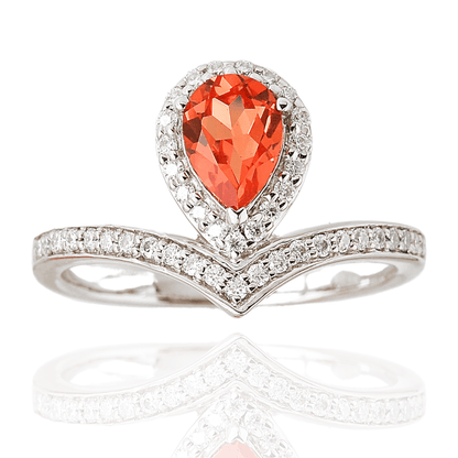 1.08 Ct Pear Lab Created Peach Sapphire and Moissanite Prong Silver Crown Ring