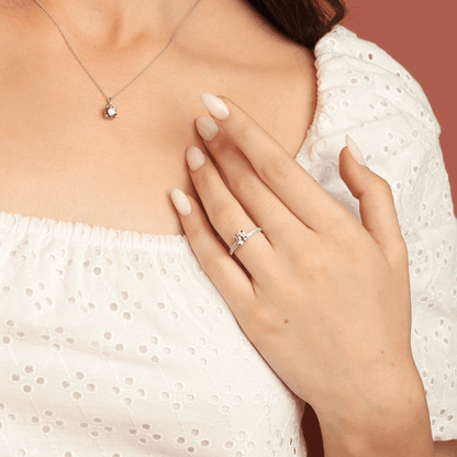 Round Created Pink Sapphire Prong Rhodium Over Silver Solitaire Ring