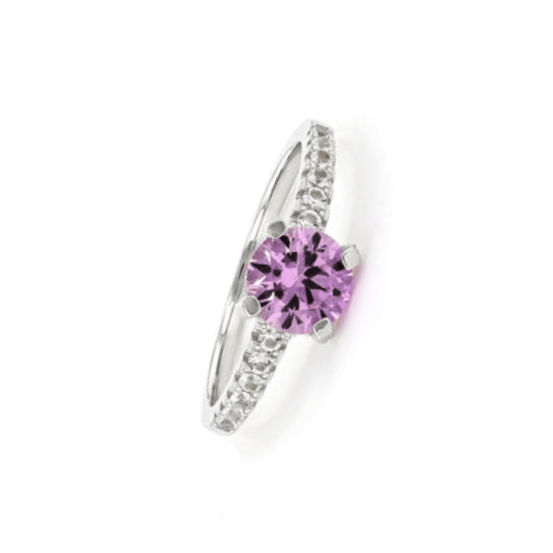 Round Created Pink Sapphire Prong Rhodium Over Silver Solitaire Ring