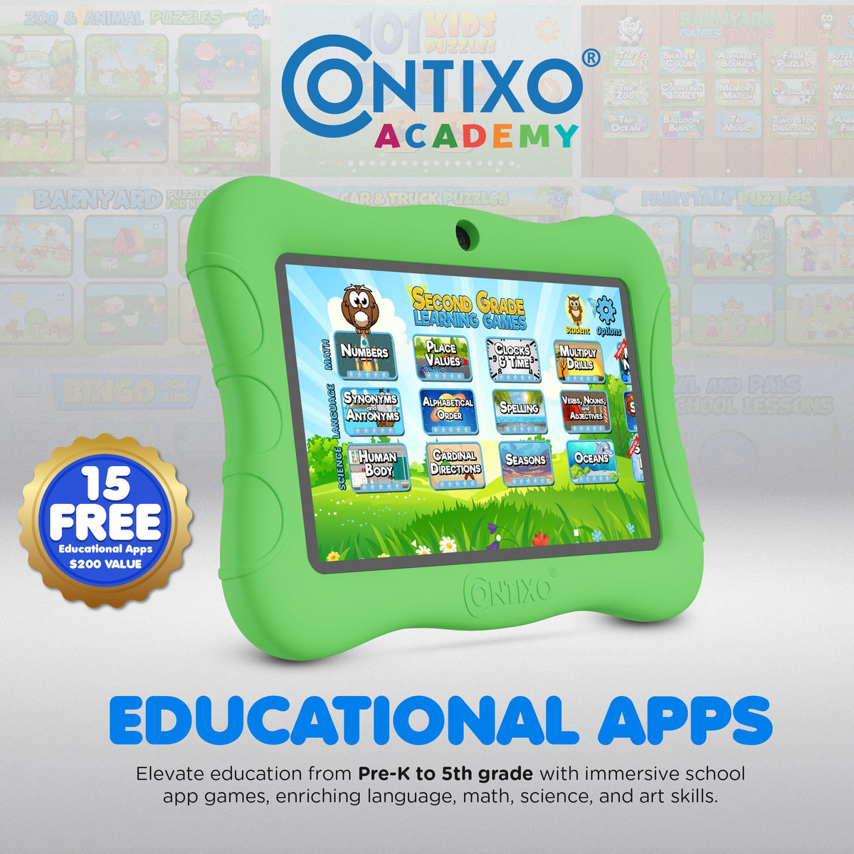 Contixo V9 Kids HD 7" Tablet - Epic & Lingo Kids, 15 Educational Apps & Kickstand Included