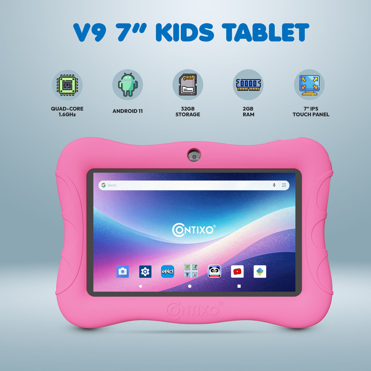 Contixo V9 Kids HD 7" Tablet - Epic & Lingo Kids, 15 Educational Apps & Kickstand Included