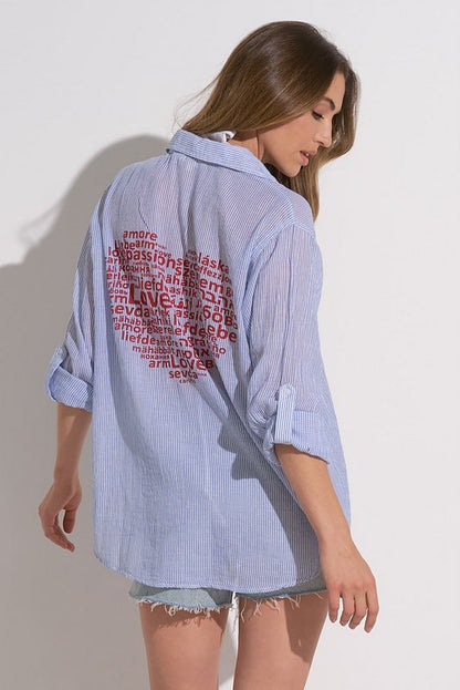 Tropical Button Down Blue White Heart