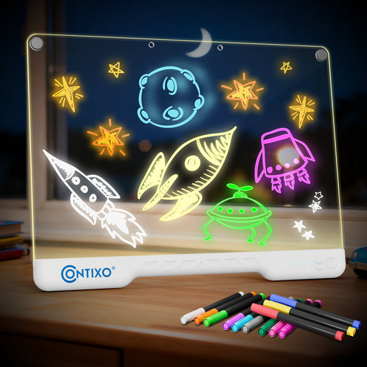 Contixo WB1 16” LED Drawing Board for Kids - Rechargeable Glow Doodle Board With 10 Light Modes & 9 Brightness Levels, Neon Dry Erase Light-Up Acrylic Drawing Board With 12 Glow Pens, Portable Screen-Free Drawing Board
