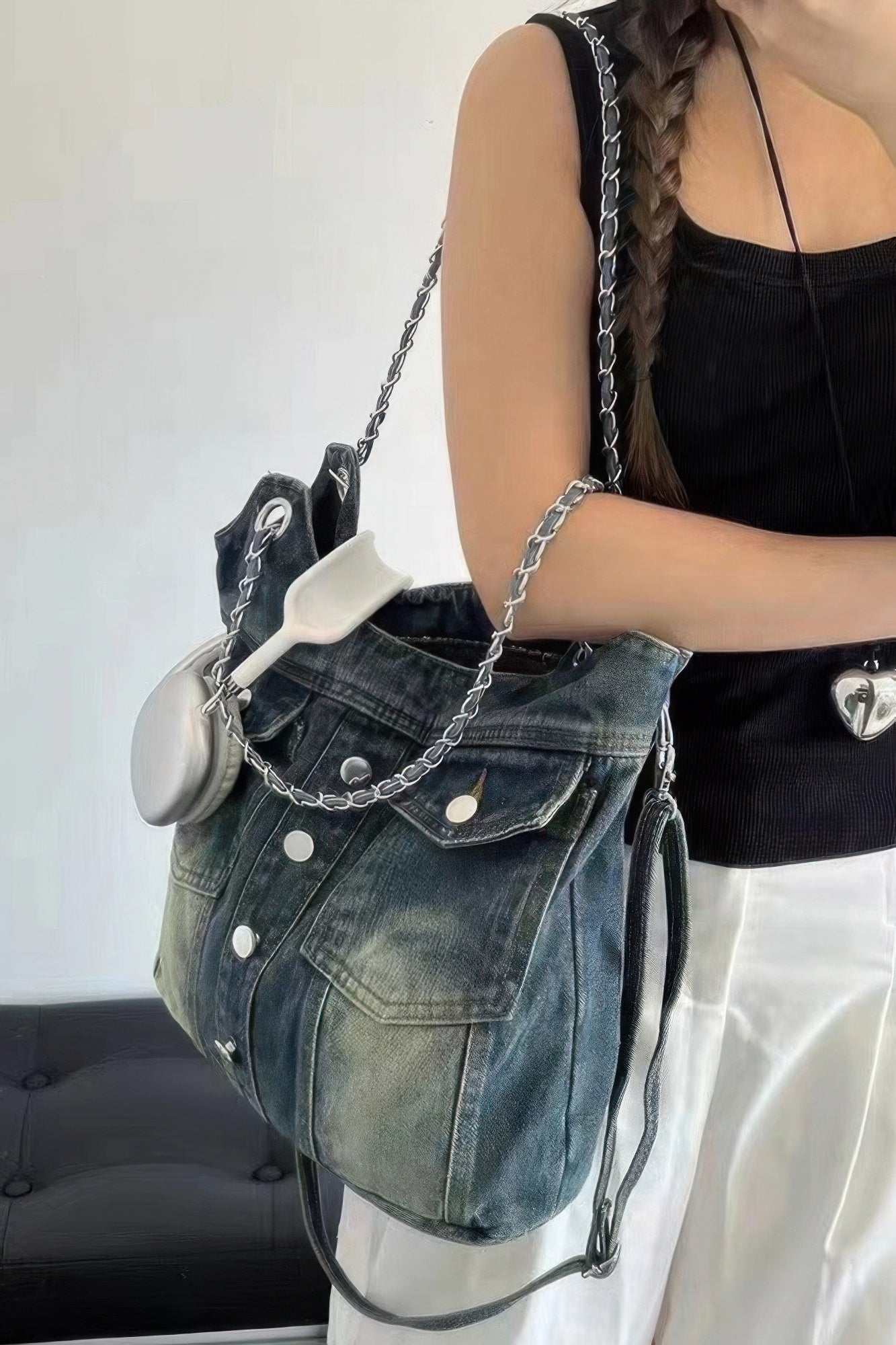 Washed Denim Double Pockets Tote Bag