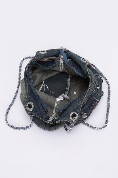 Washed Denim Double Pockets Tote Bag