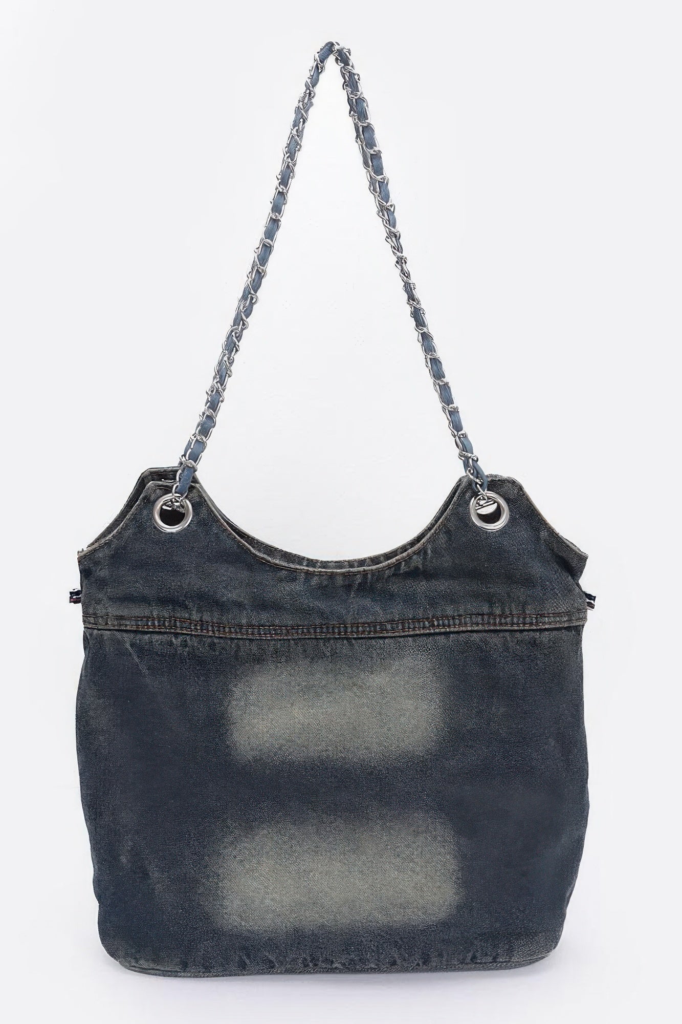 Washed Denim Double Pockets Tote Bag