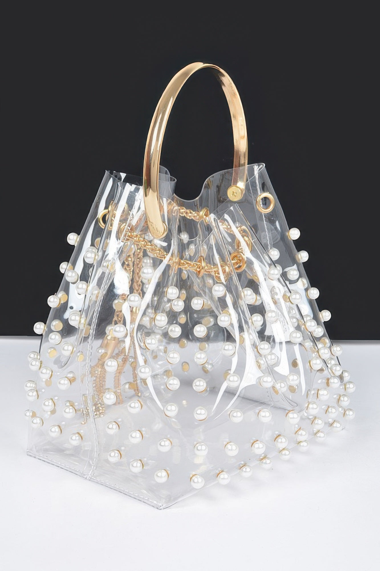Clear Pearl Stud Bucket Bag W/chain Tassle