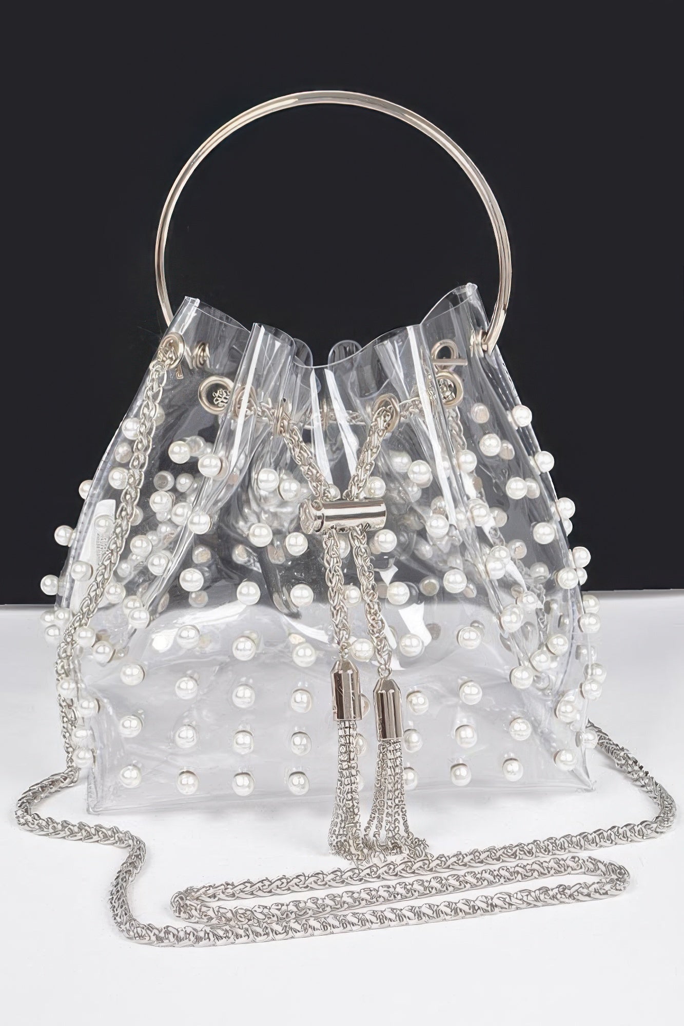 Clear Pearl Stud Bucket Bag W/chain Tassle