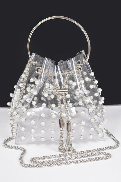 Clear Pearl Stud Bucket Bag W/chain Tassle