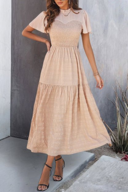 Ruffle Sleeve And Hem Top Shirred Crew Neck Dress