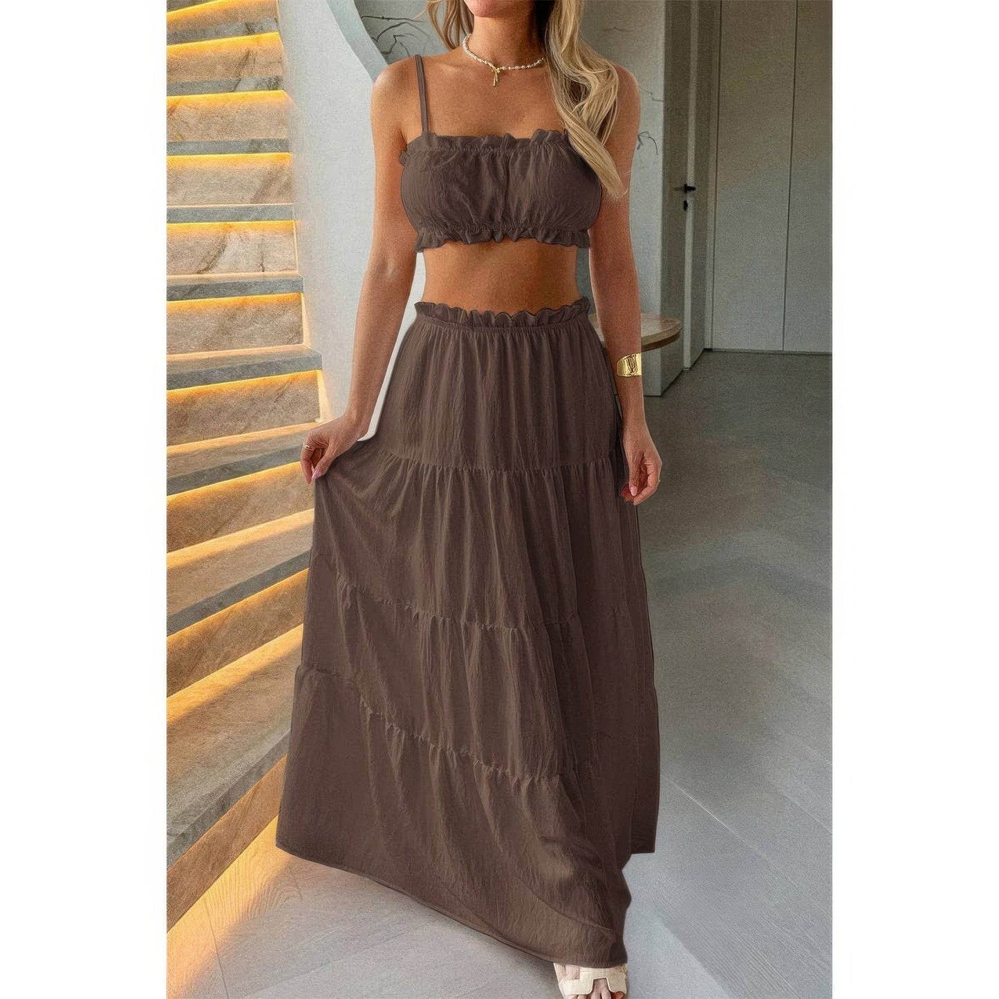 Two Pieces Sleeveless Tank Top And Maxi Skirt Set